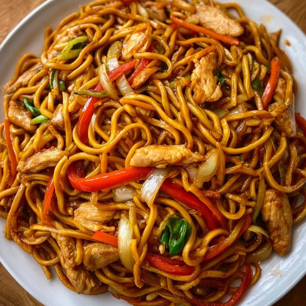 Delicious Chicken Lo Mein with tender chicken and vegetables in savory sauce