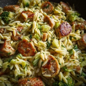 Delicious Chicken Sausage and Broccoli Orzo dish served in a bowl