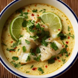 Bowl of Coconut Lime Fish Soup garnished with lime and herbs