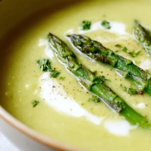 Bowl of creamy asparagus soup made without cream, garnished with fresh herbs.