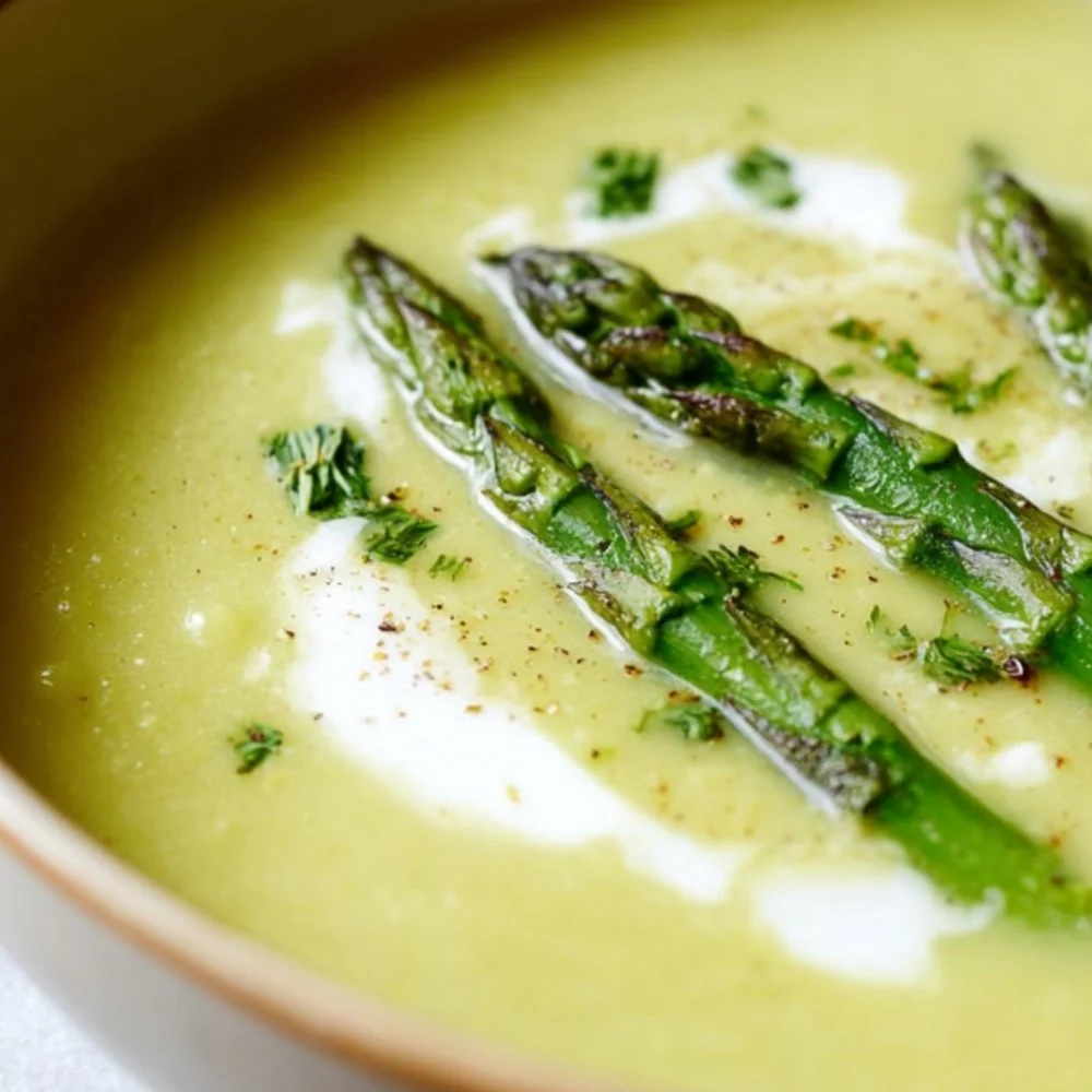 Bowl of creamy asparagus soup made without cream, garnished with fresh herbs.