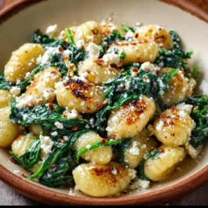 Creamy gnocchi dish topped with spinach and feta cheese