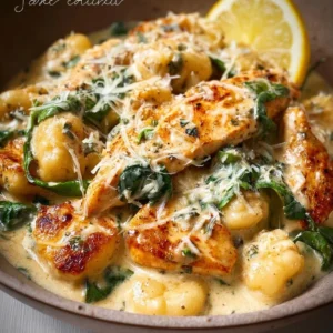 Creamy Lemon Parmesan Chicken Gnocchi with fresh herbs and lemon slices