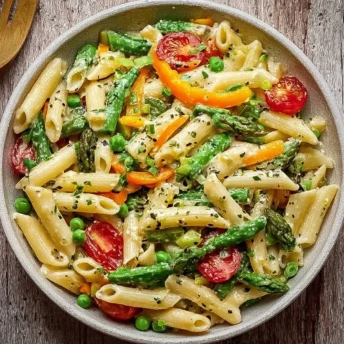 Creamy Pasta Primavera with fresh vegetables and herbs