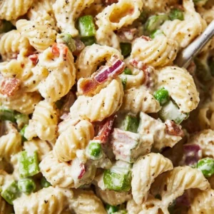 A bowl of creamy pasta salad with colorful vegetables and dressing