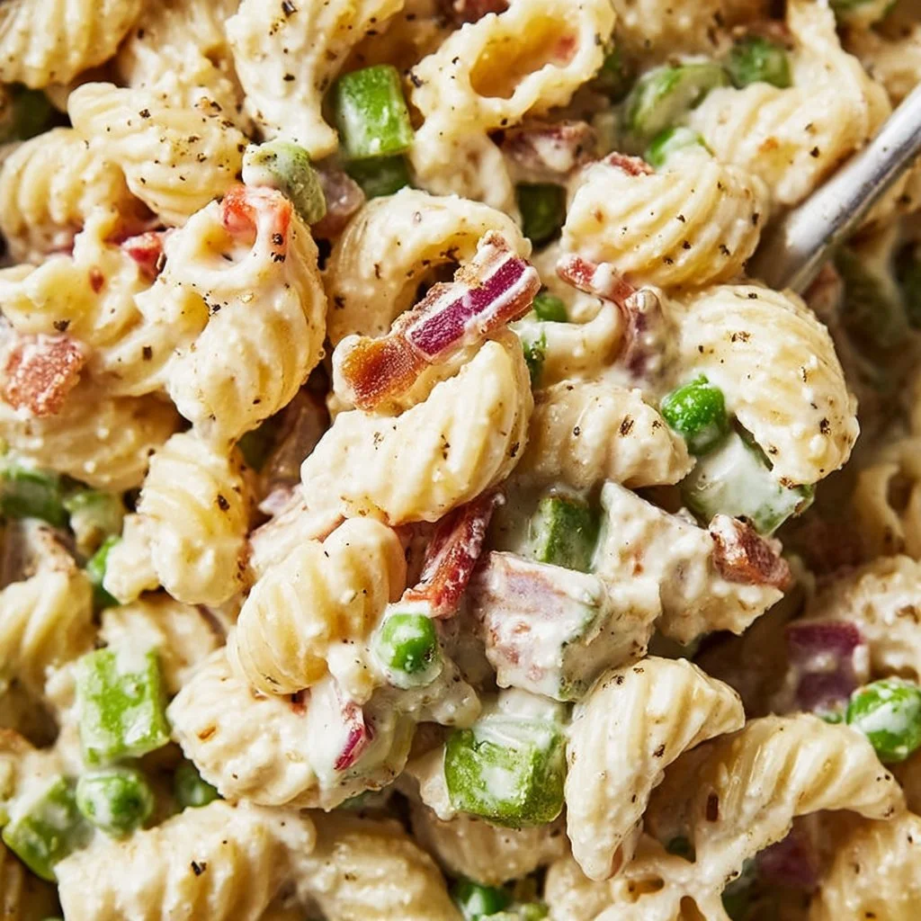 A bowl of creamy pasta salad with colorful vegetables and dressing