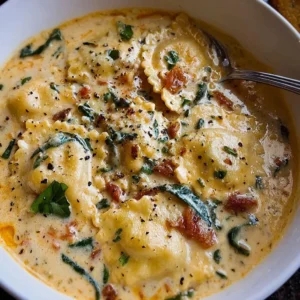 Bowl of creamy Tuscan ravioli soup garnished with herbs and parmesan cheese
