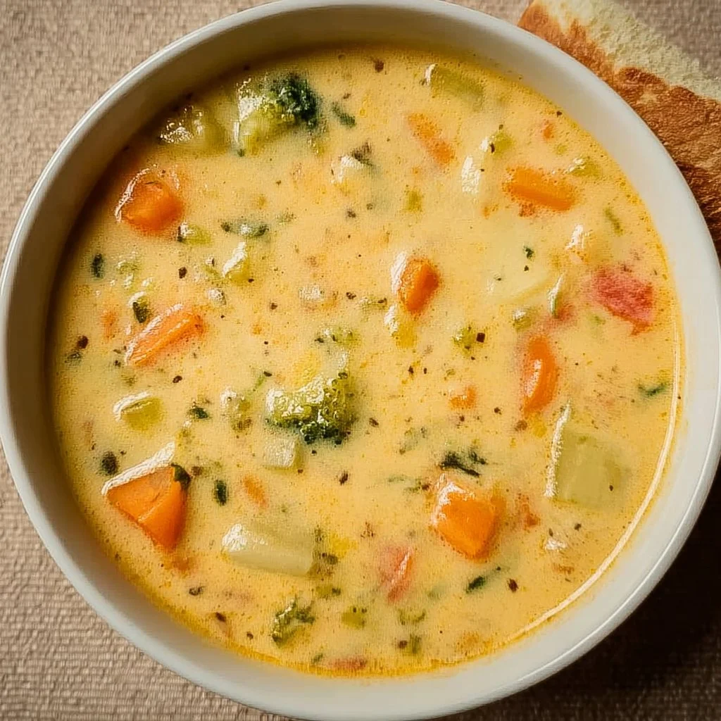 Bowl of creamy vegetable soup with fresh vegetables and herbs