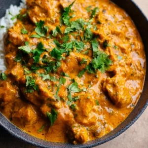 A delicious bowl of Crockpot Butter Chicken garnished with fresh cilantro