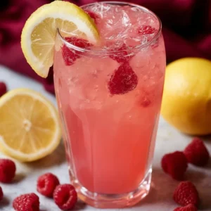 Cupid's Vodka Spiked Raspberry Lemonade cocktail in a glass with lemon and raspberries