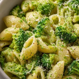 Easy healthy broccoli pasta served in a bowl with grated cheese on top.