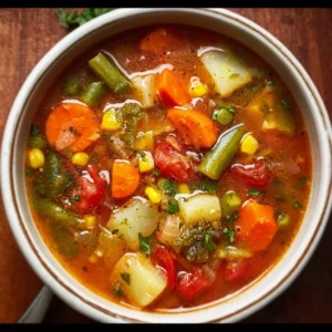 Bowl of easy vegetable soup filled with fresh vegetables and herbs