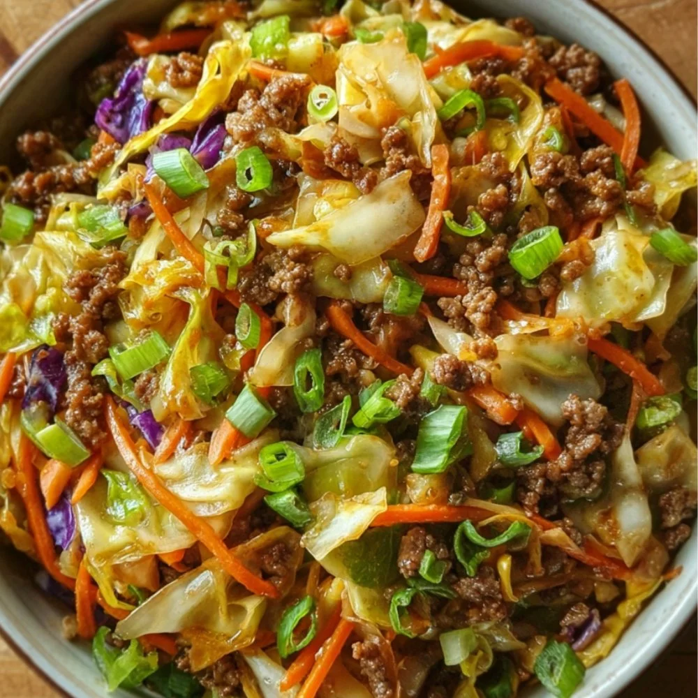 Healthy Egg Roll in a Bowl with fresh vegetables and savory sauce