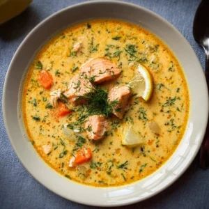 Finnish Salmon Soup served in a bowl with fresh herbs and vegetables