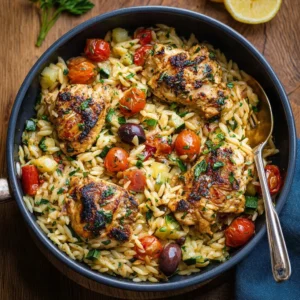 Delicious Mediterranean Chicken Orzo with vibrant vegetables and herbs.