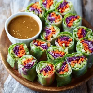 Plate of fresh spring rolls with peanut sauce for dipping