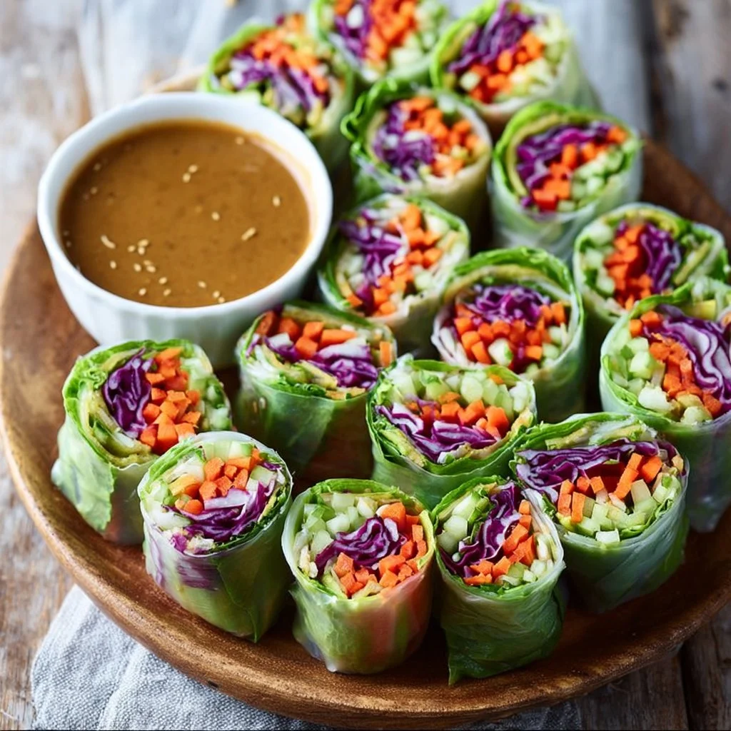 Plate of fresh spring rolls with peanut sauce for dipping