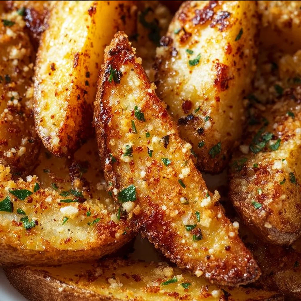 Crispy Garlic Parmesan Potato Wedges served in a bowl with herbs