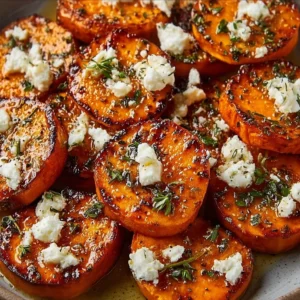 Gourmet honey feta sweet potato rounds on a decorative platter