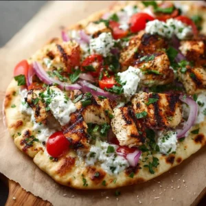 Delicious Greek Chicken Flatbread topped with fresh ingredients and herbs