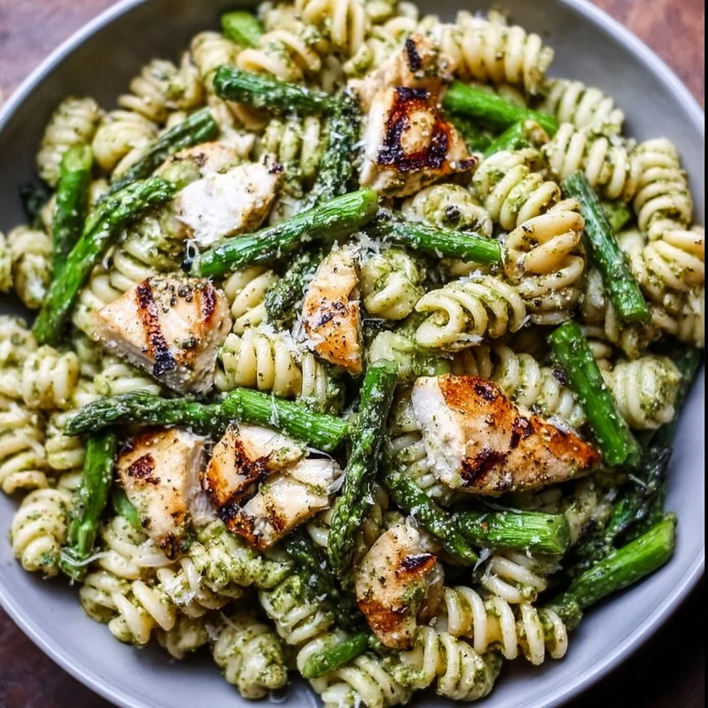 Grilled chicken pasta with asparagus and pesto served in a bowl