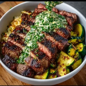 Grilled steak bowl with zucchini and herb sauce served in a bowl