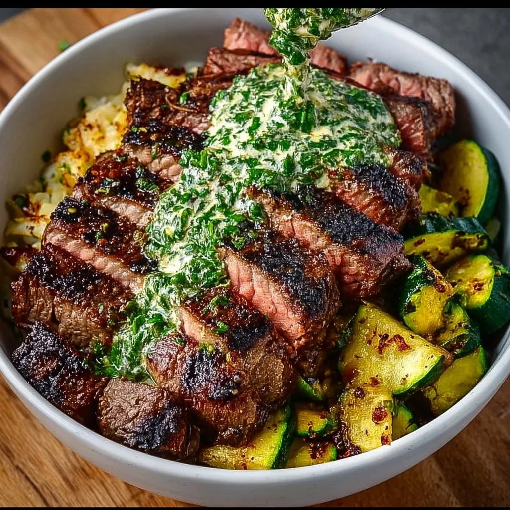 Grilled steak bowl with zucchini and herb sauce served in a bowl