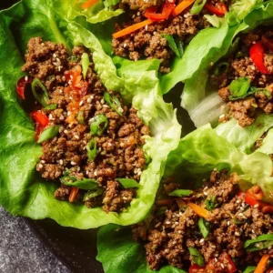 Ground beef lettuce wraps with fresh vegetables served on a plate