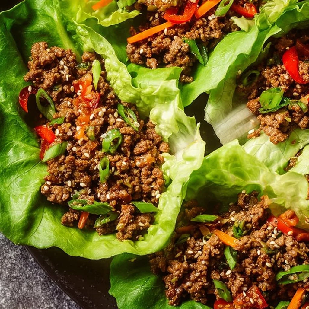 Ground beef lettuce wraps with fresh vegetables served on a plate