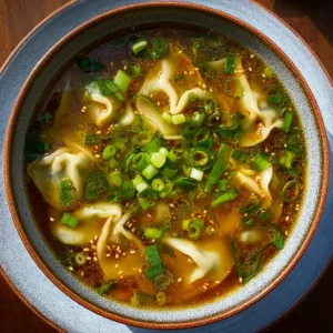 A bowl of Gyoza Soup with dumplings and vegetables in a savory broth.