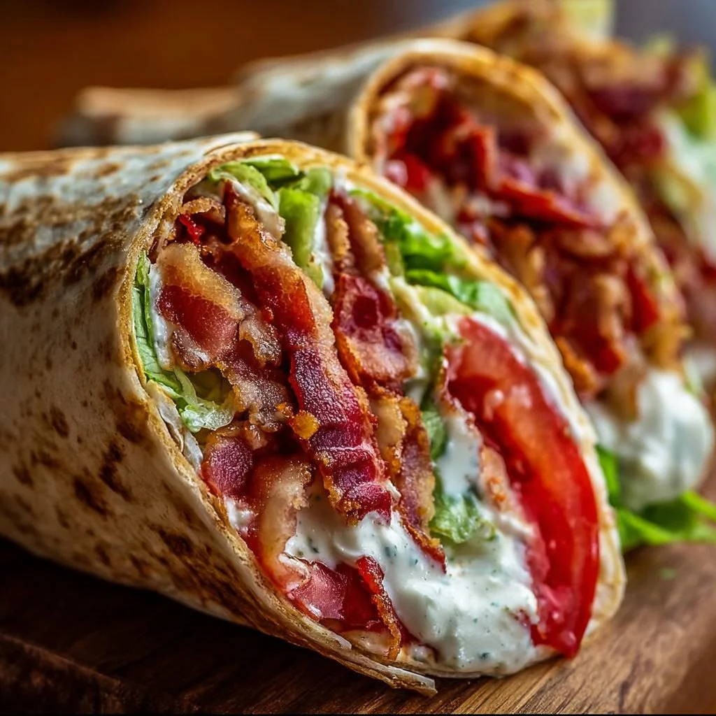 Healthy BLT wraps with secret sauce on a plate, garnished with fresh vegetables.