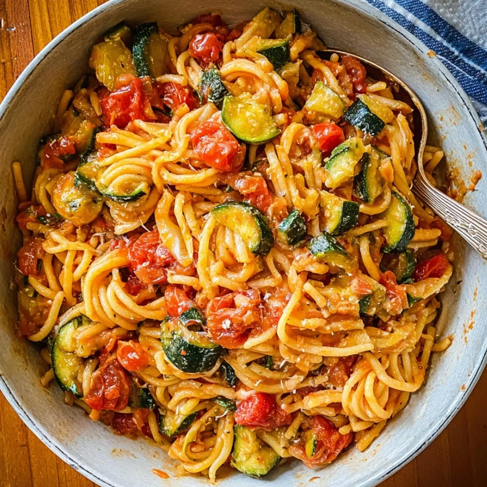 Healthy tomato zucchini pasta dish with fresh ingredients