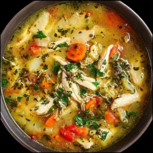 Bowl of homemade chicken soup with vegetables and herbs