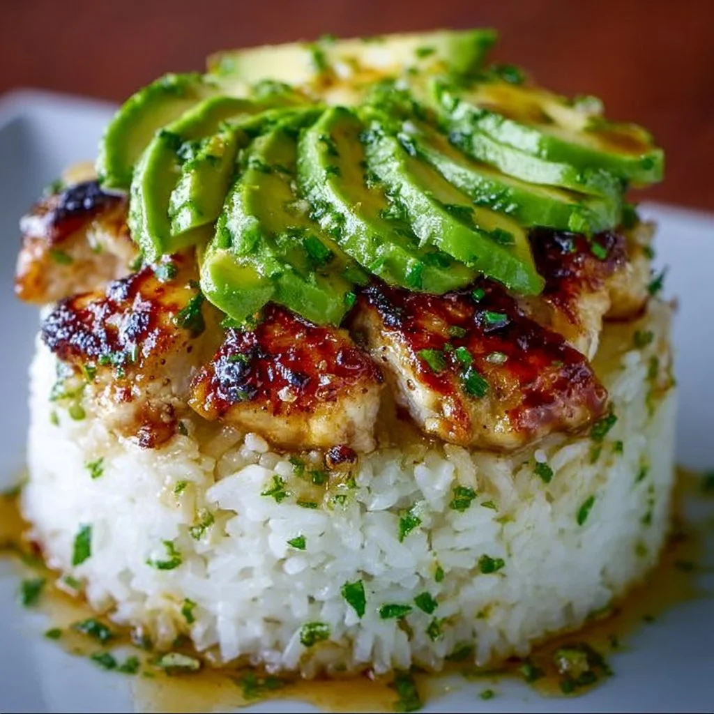 Honey Lime Chicken served with avocado rice in a stacked presentation.