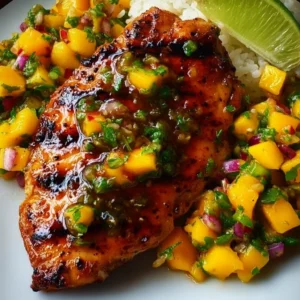 Delicious Honey Lime Chicken garnished with fresh Mango Salsa