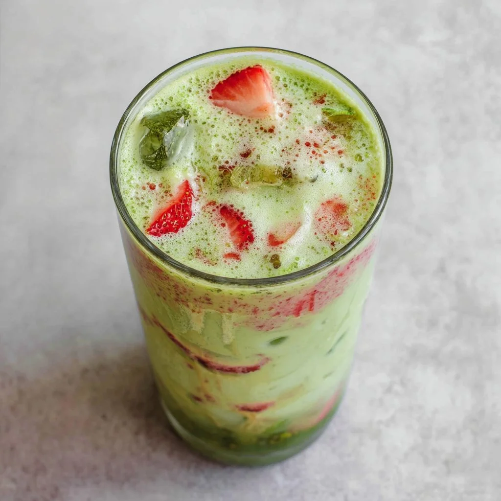 Iced strawberry matcha latte in a glass with fresh strawberries and matcha powder