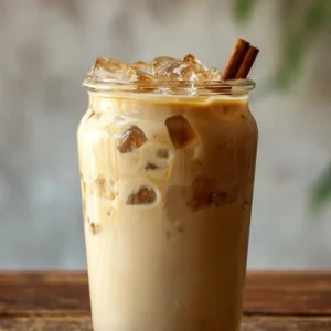 A refreshing Iced Vanilla Chai Latte served in a clear glass with ice and spices.