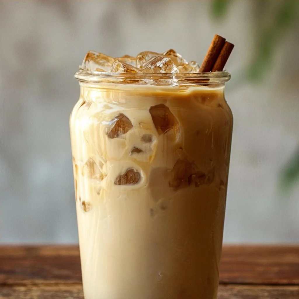 A refreshing Iced Vanilla Chai Latte served in a clear glass with ice and spices.