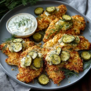 Plate of irresistibly bold dill pickle parmesan chicken with herbs and spices.