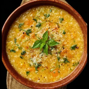 A bowl of Italian Penicillin Soup garnished with fresh herbs and vegetables