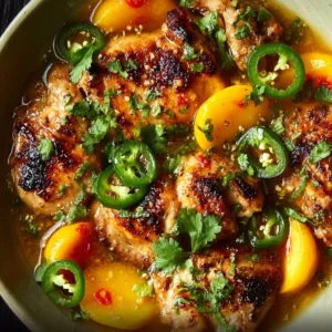 Jalapeño Peach Chicken dish garnished with herbs and fresh jalapeños.