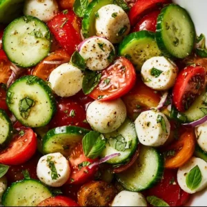 Juicy Cucumber Caprese Salad with cucumber, tomatoes, mozzarella, and basil