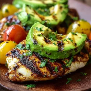 Juicy grilled chicken with California avocado slices on a plate