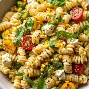 Juicy Street Corn Pasta Salad served in a bowl with fresh ingredients