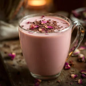 A steaming cup of Kashmiri Pink Tea with aromatic spices and traditional garnishes.