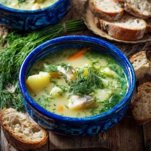 Bowl of Koperkowa Soup garnished with fresh dill and served hot