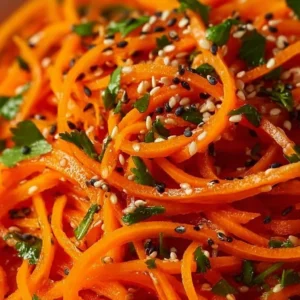 Korean Carrot Salad with bright carrots and seasonings in a bowl.