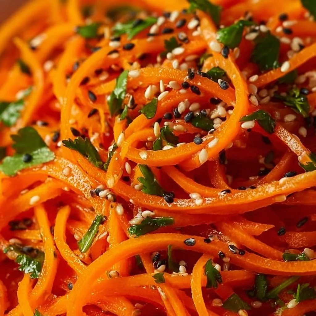 Korean Carrot Salad with bright carrots and seasonings in a bowl.