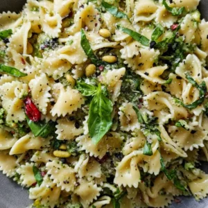 Lemon Basil Parmesan Pasta Salad served in a bowl with fresh herbs