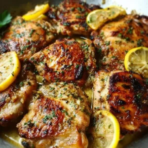 Delicious Lemon Garlic Chicken Thighs served with herbs and lemon slices